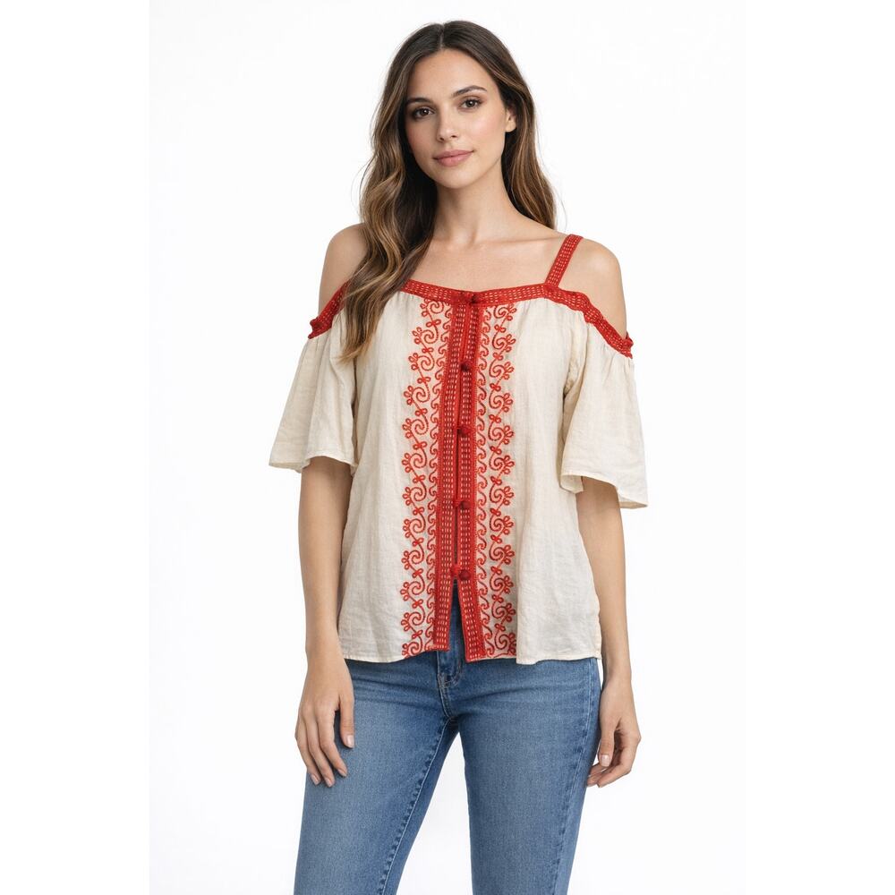 Bailey 44 100% Cotton Embroidered Cold Shoulder Boho Top | Size Medium